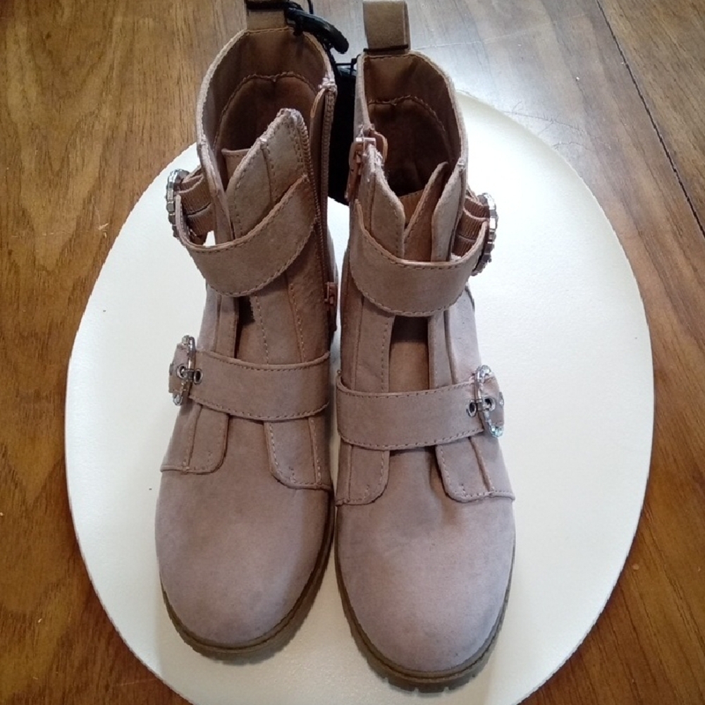 Tan Ankle Boots with Decorative Straps and Side Zipper